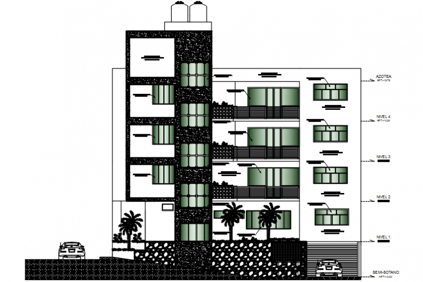 Main frontal elevation drawing details of multi-familiar building dwg file