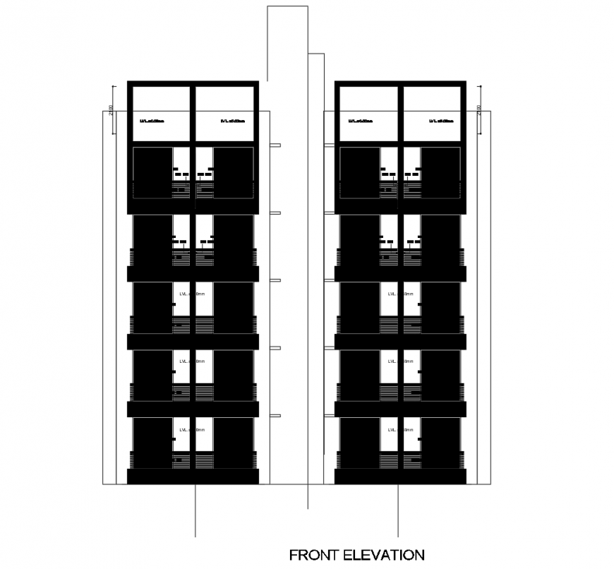 Main frontal elevation drawing details of multi-family apartment building dwg file