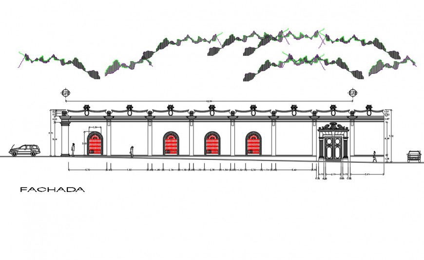 Main frontal elevation drawing details of primary school dwg file