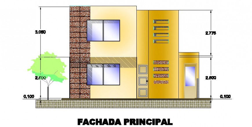 Main frontal elevation drawing details of residential 2d house dwg file
