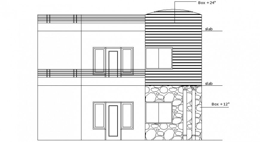 Main frontal elevation of residential house dwg file