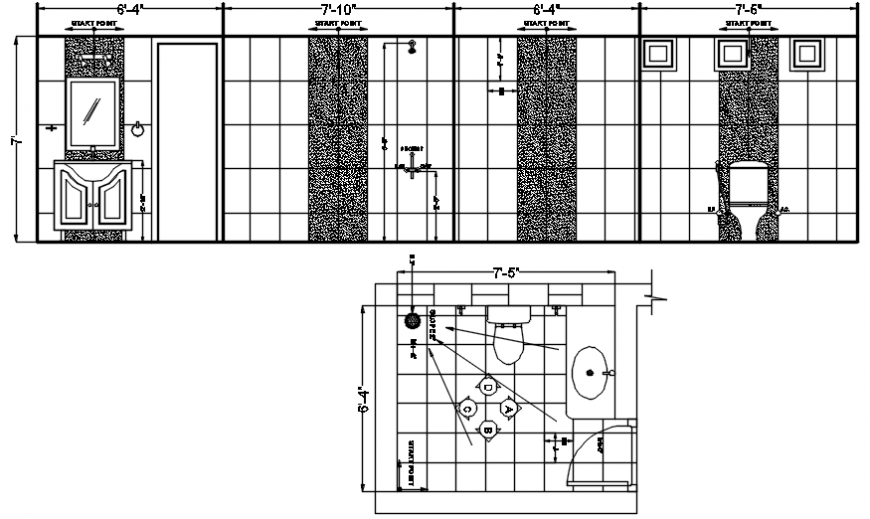 Main frontal section, plan and installation drawing details for toilet dwg file
