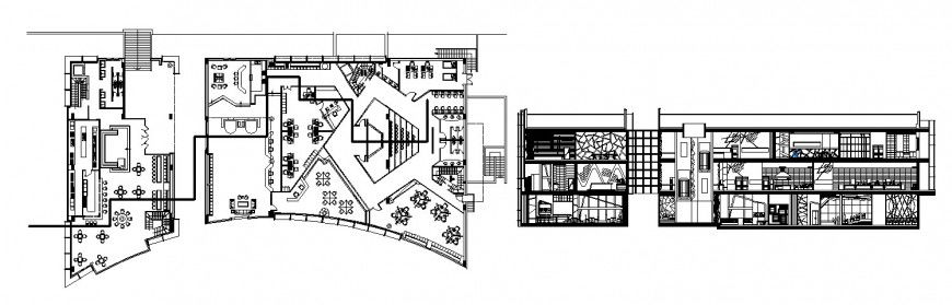 Main frontal section and floor plan distribution drawing details of education academy dwg file