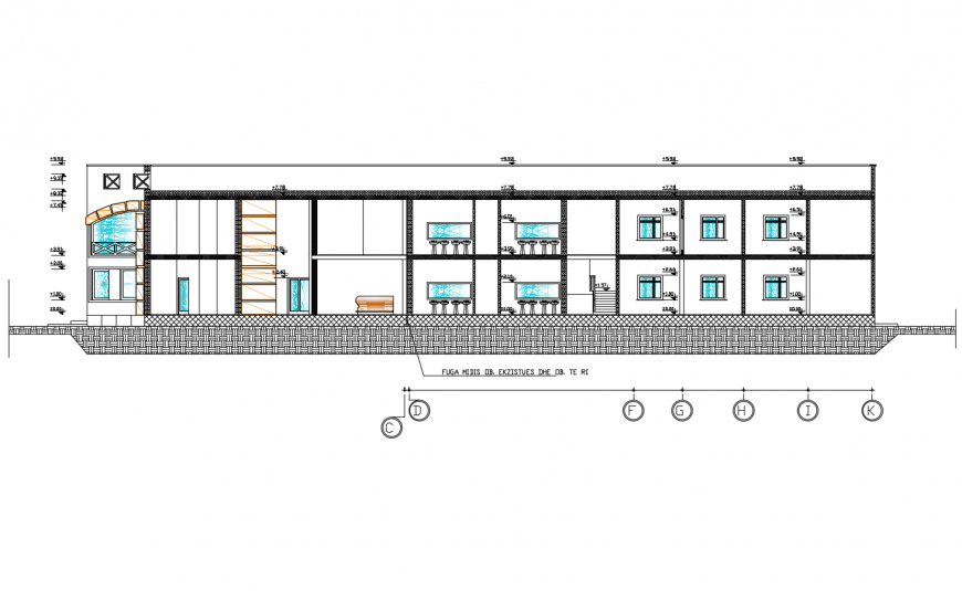 Main frontal section details of residential house dwg file