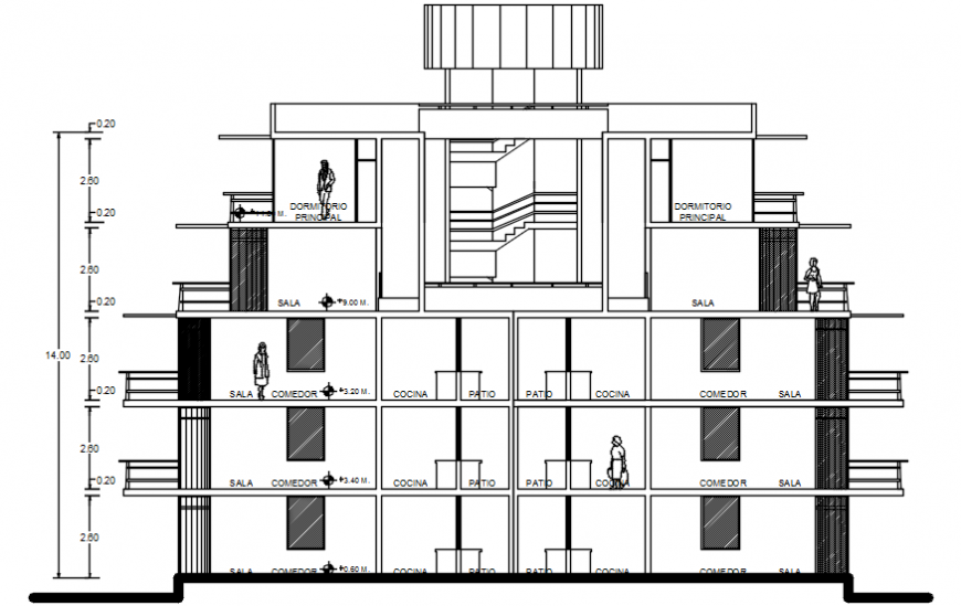 Main frontal section drawing details of residential apartment building dwg file