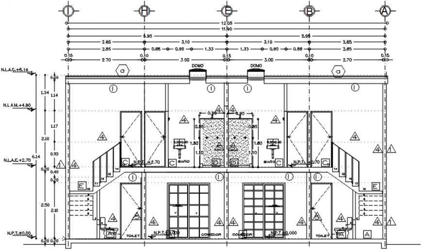Main frontal section drawing details of residential duplex house dwg file