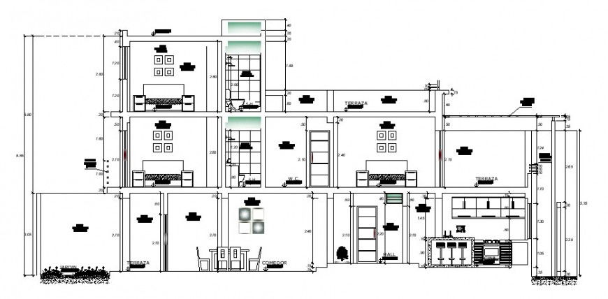 Main frontal sectional drawing details of apartment building dwg file