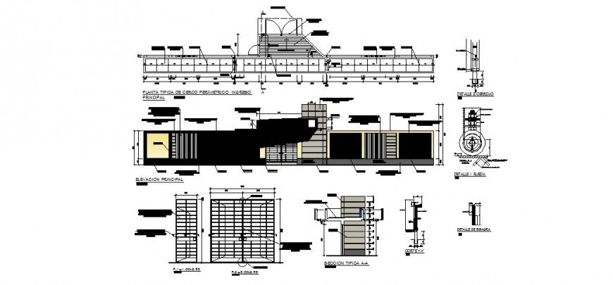 Main gate and fence elevation details, section and constructive structure details dwg file