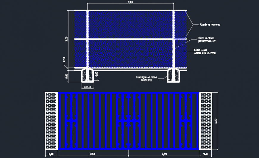 Main gate and fence installation structure drawing details dwg file