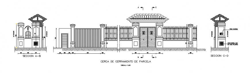 Main gate elevation and section details with fence of bungalow dwg file