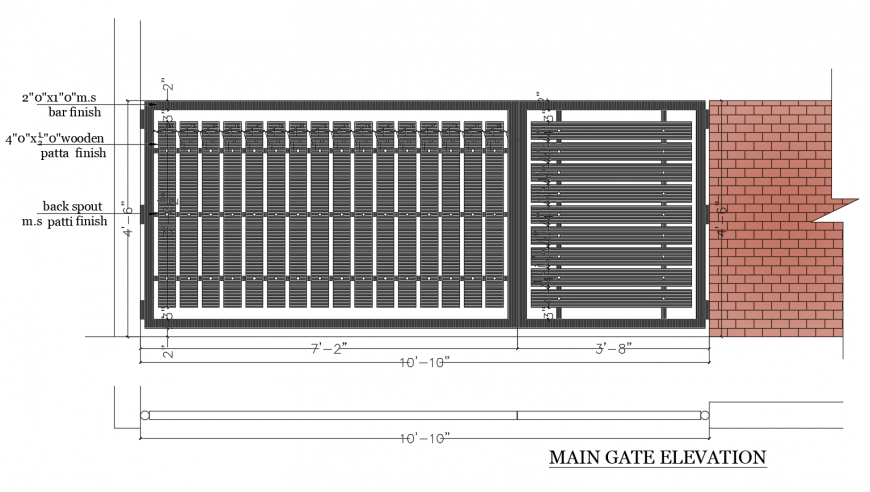 Main gate elevation drawing details with brick wall dwg file