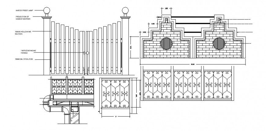 Main gate of bungalow elevation, plan and fence details dwg file