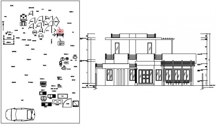 Main house elevation and some household mix blocks drawing details dwg file