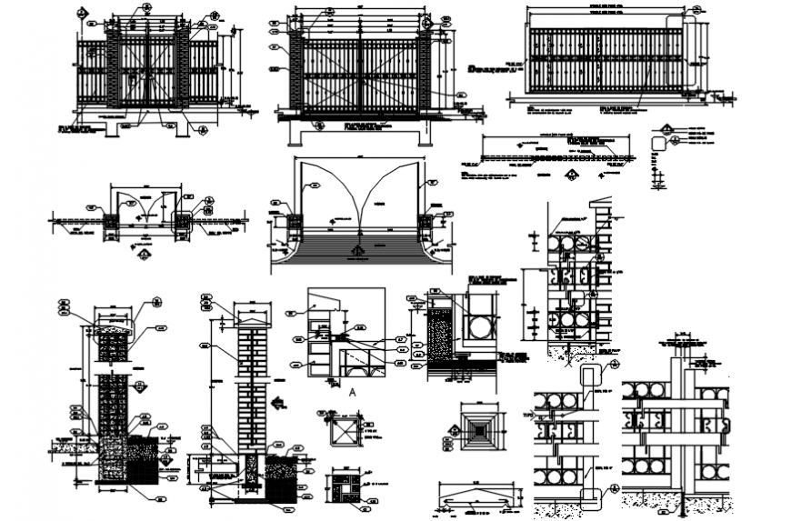 Main metallic gate and mesh fence section and installation drawing details dwg file