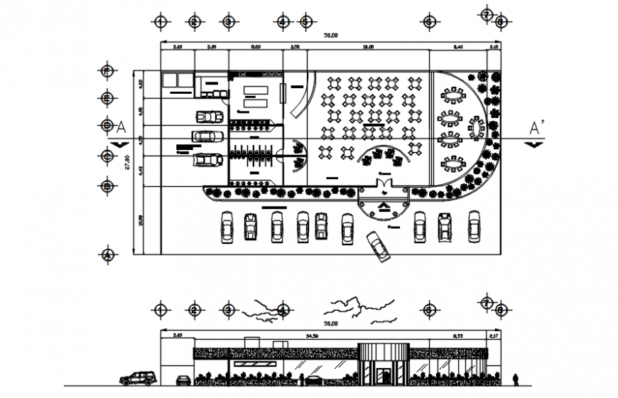 Main plan and elevation of restaurant in auto cad