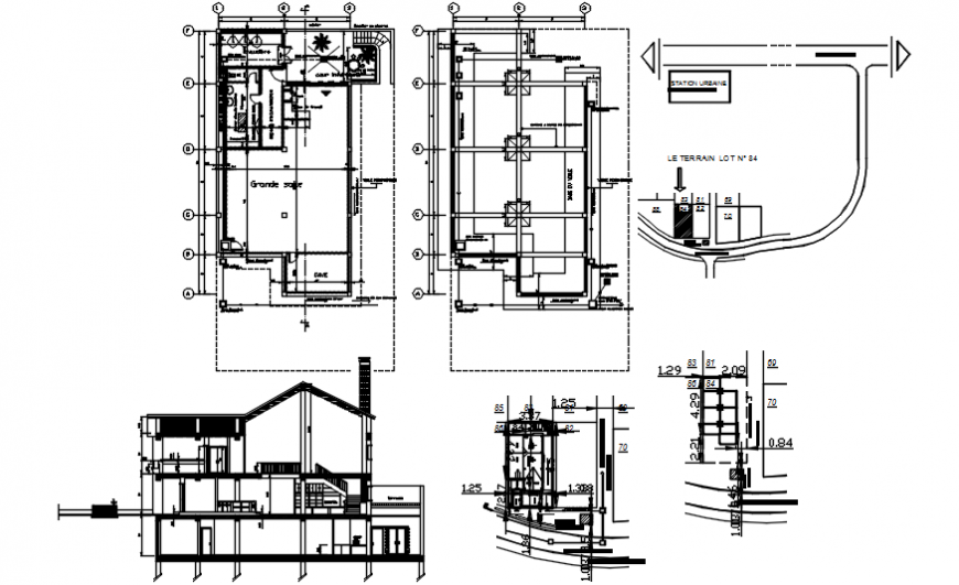 Main section, floor plan and structure drawing details residential villa dwg file
