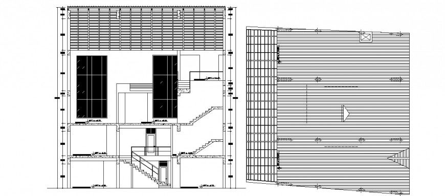 Main section and cover plan drawing details of hostel building dwg file