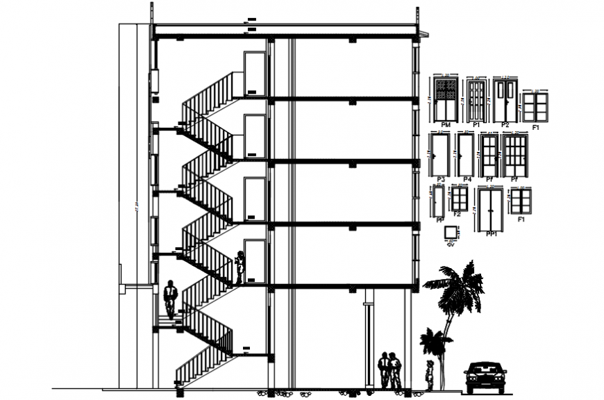 Main section and door details of multi-family apartment building dwg file
