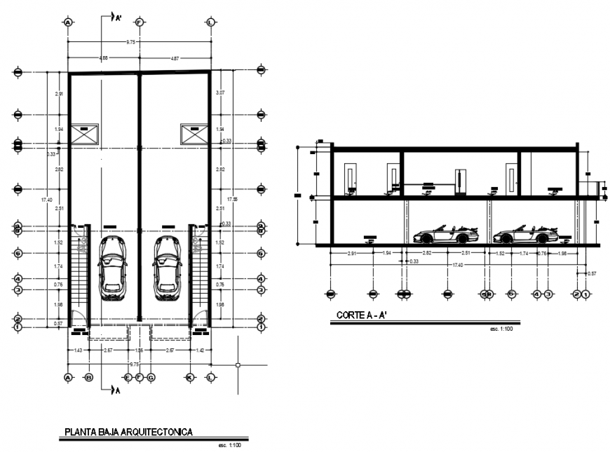 Main section and ground floor plan details for residential house dwg file