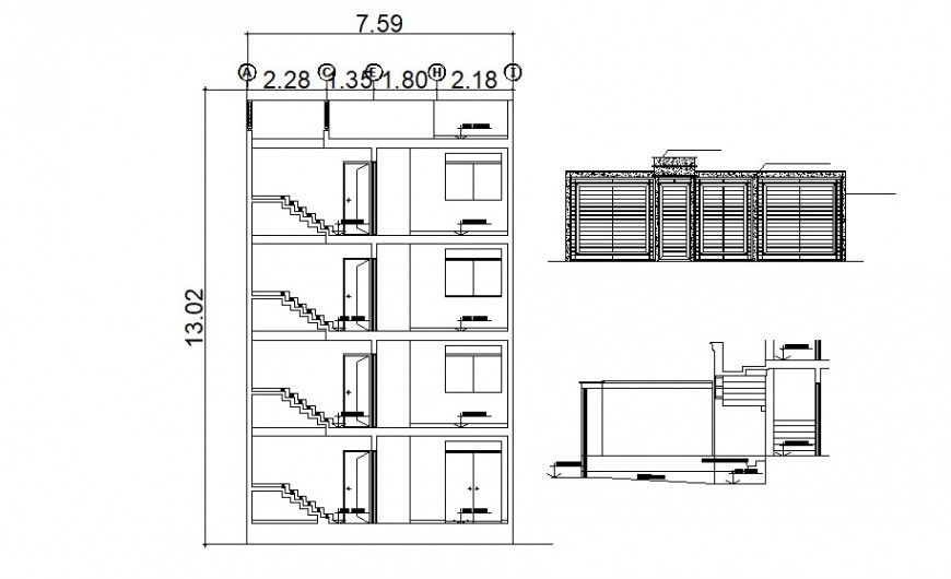 Main section and staircase drawing details of multi-story apartment building dwg file