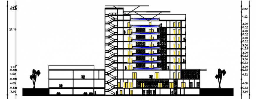 Main Section drawing details of multi-level hotel with trade center dwg file