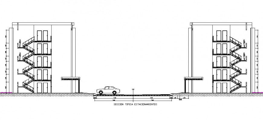 Main sectional details of twin residential apartment building dwg file