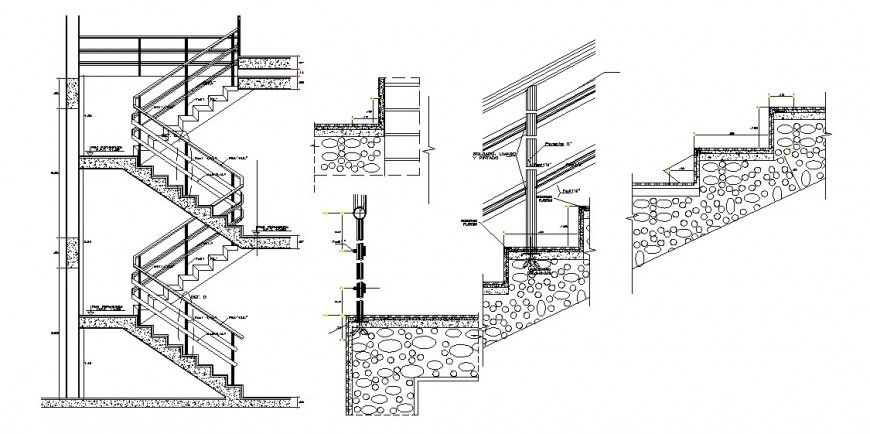 Main staircase section and construction drawing details of hostel building dwg file