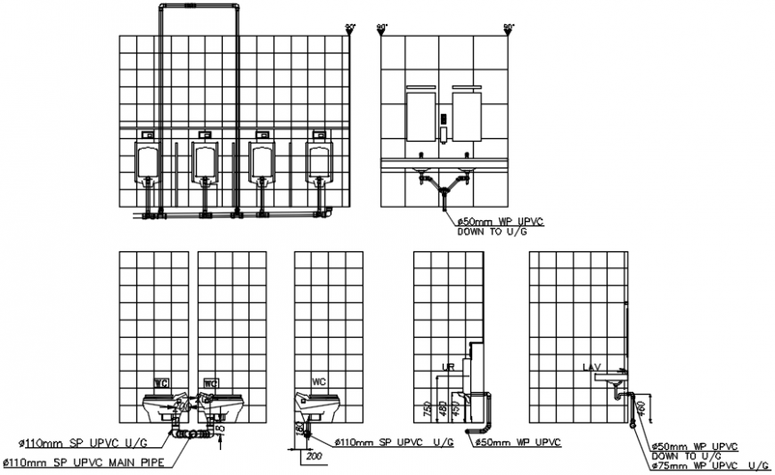 Male washroom sections, plan and sanitary installation details dwg file