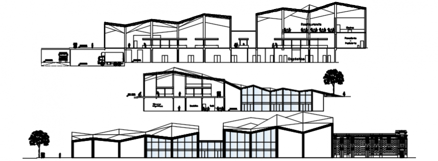 Market and shopping center all sided elevation and section drawing details dwg file