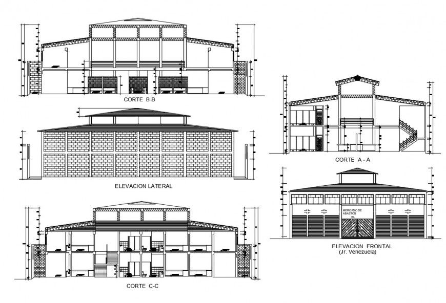 Market two-story all sided elevation and section details dwg file