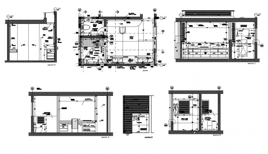 Master bathroom all sided section, plan and installation cad drawing details dwg file