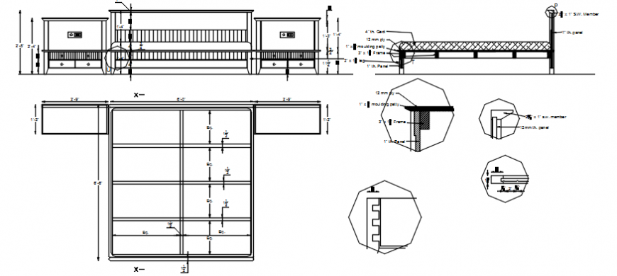 Master bed elevation, section and carpentry cad drawing details dwg file