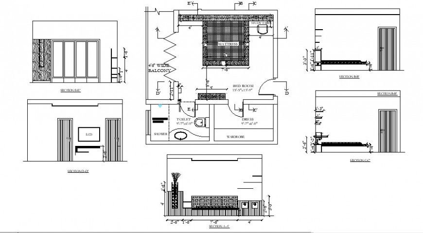 Master bedroom all sided section and plan with furniture dwg file