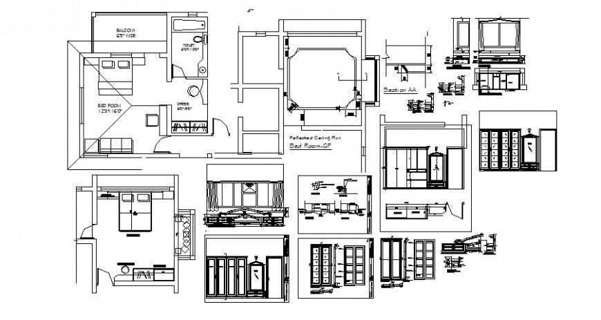 Master bedroom elevation, section, plan and furniture drawing details dwg file