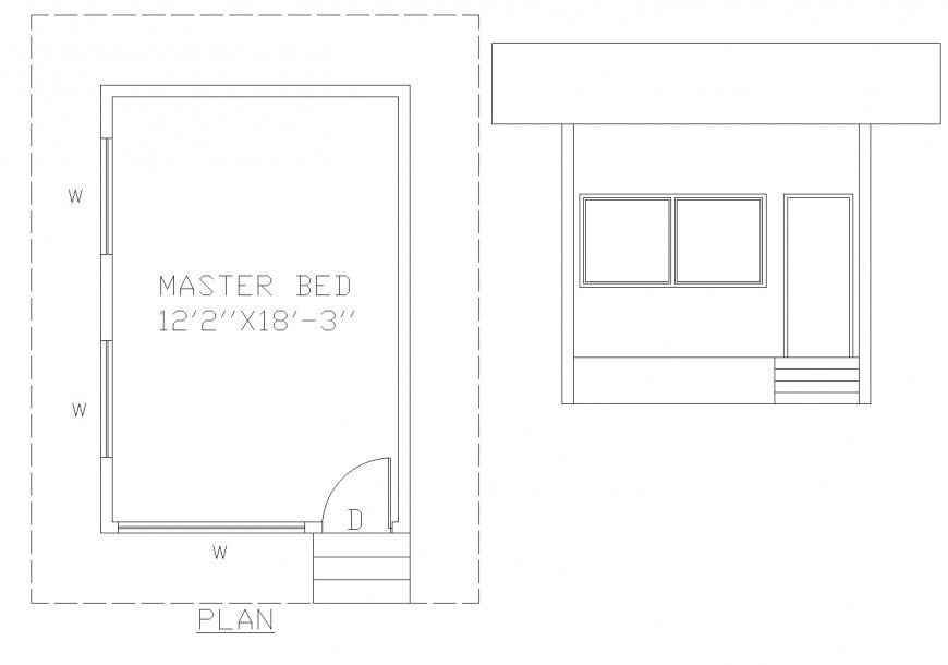 Master bedroom line plan and elevation detail autocad file