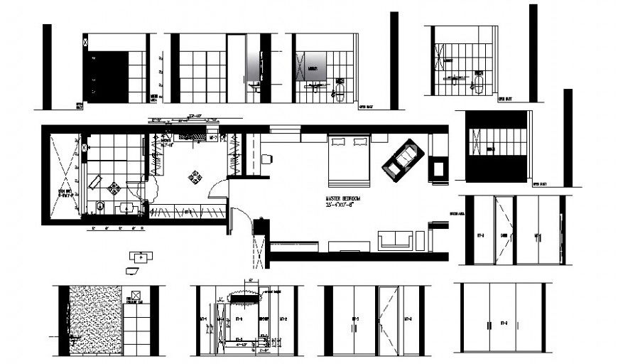 Master bedroom plan and elevation 2d view autocad drawing