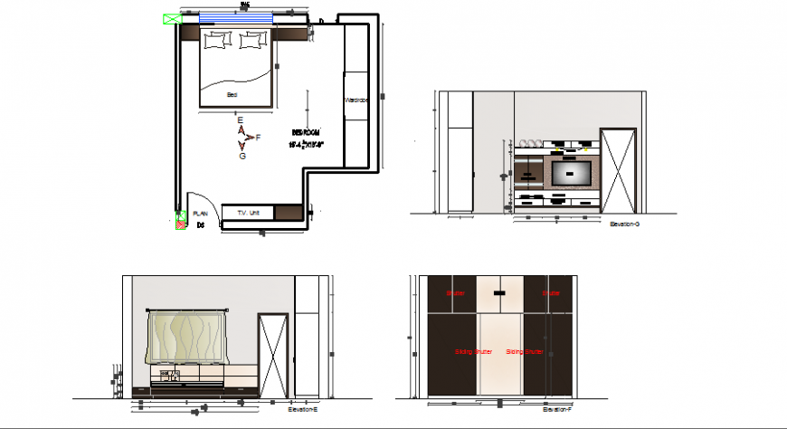 Master bedroom section, interior and furniture layout details dwg file