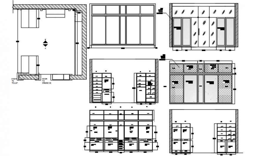 Mater bed, wardrobe and bedroom furniture 2d drawing details dwg file