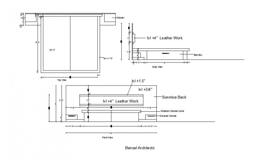 Mater bed elevation, section, plan and carpentry cad drawing details dwg file