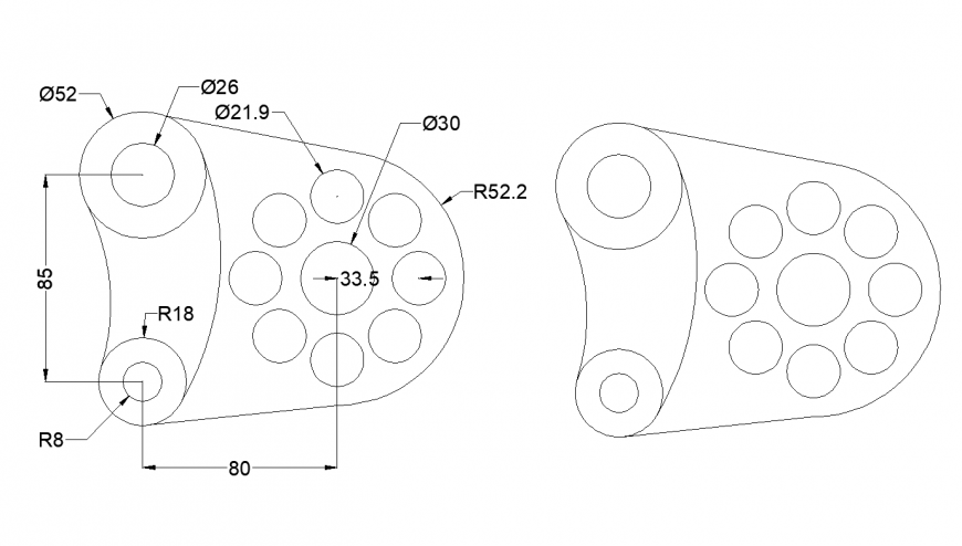 Mechanical part block design with plan of bracket dwg file