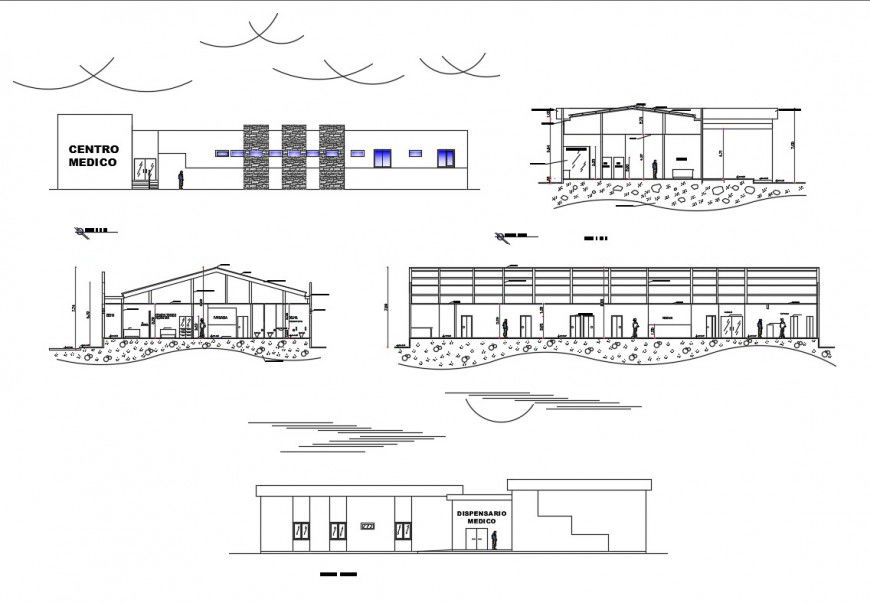 Medical center all sided elevation and sectional details dwg file