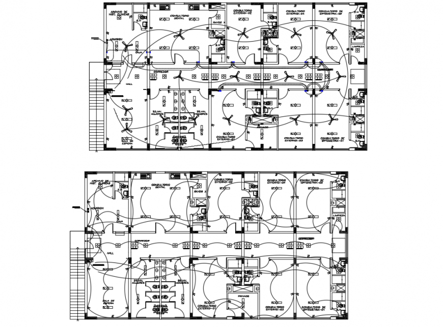 Medical clinic electrical installation layout plan of all floors dwg file