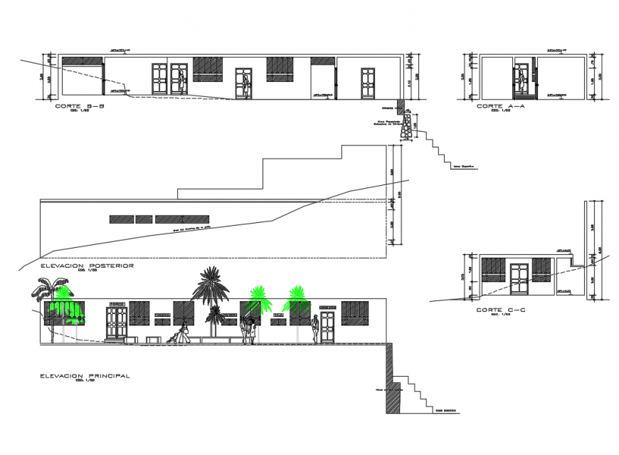 Medical hospital all sided elevations and sectional details dwg file