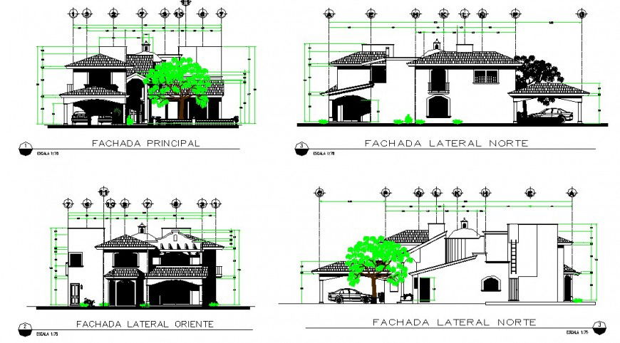 Medieval architecture style bungalow elevation drawing in dwg AutoCAD file.