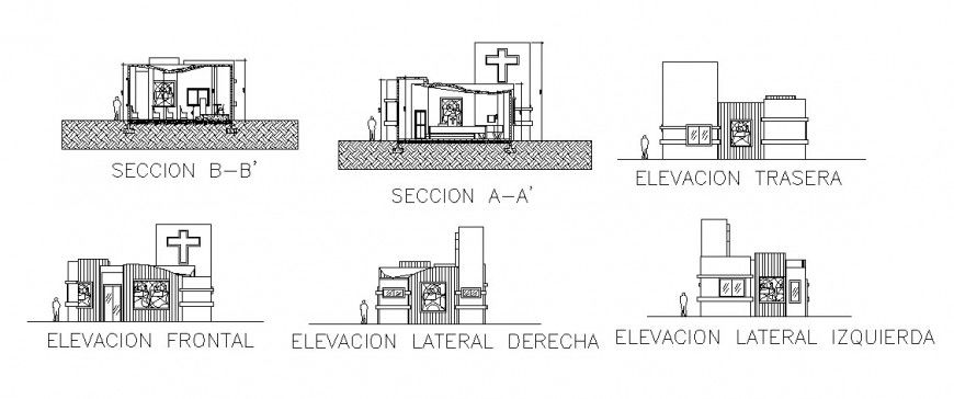 Meditation chapel elevation and section cad drawing details dwg file