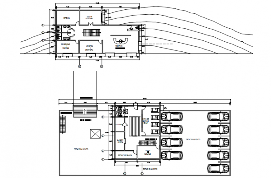 Meditation first floor plan and plan of parking in auto cad software