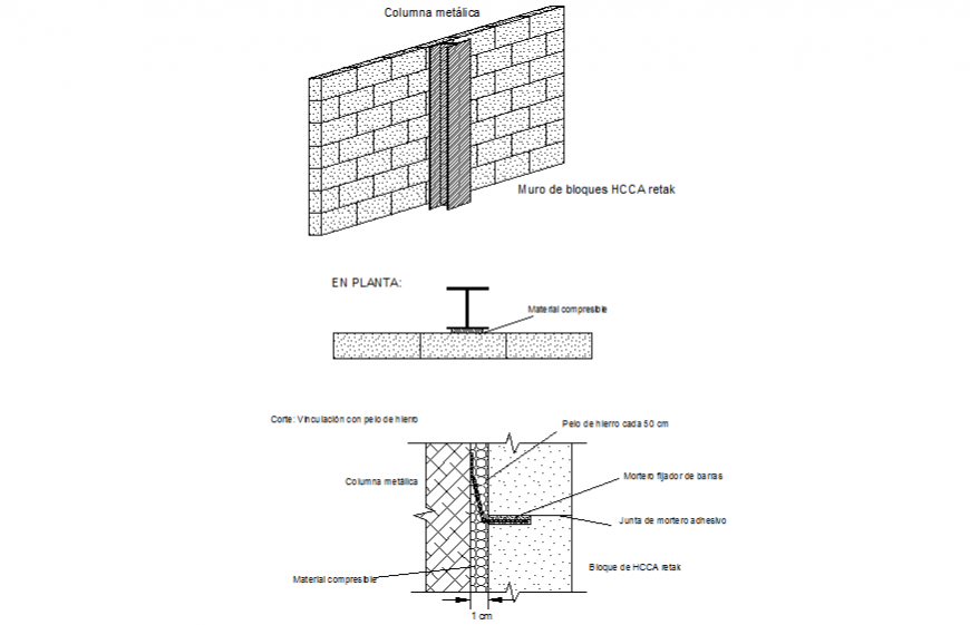 Meeting of wall with iron profile plan and elevation autocad file