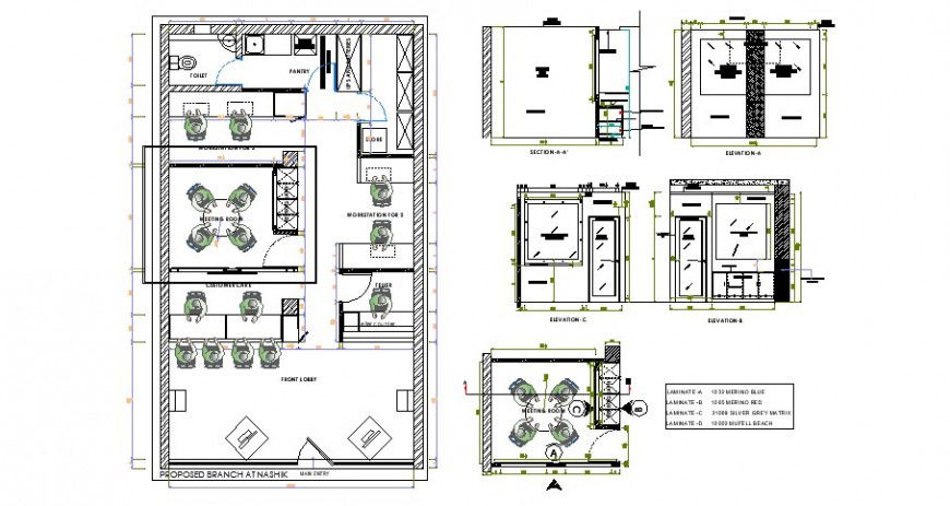 Meeting room of office area plan elevation and section view in auto cad