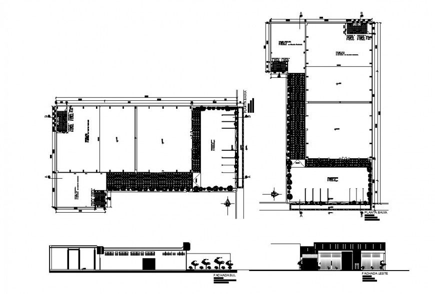 Mega store style market main elevation, section and plan cad drawing details dwg file