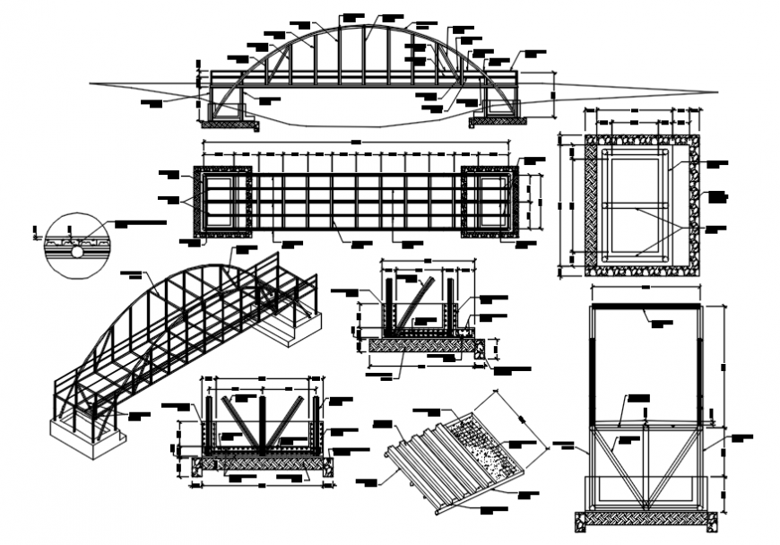 Metal bridge over small stream sections and construction cad drawing details dwg file